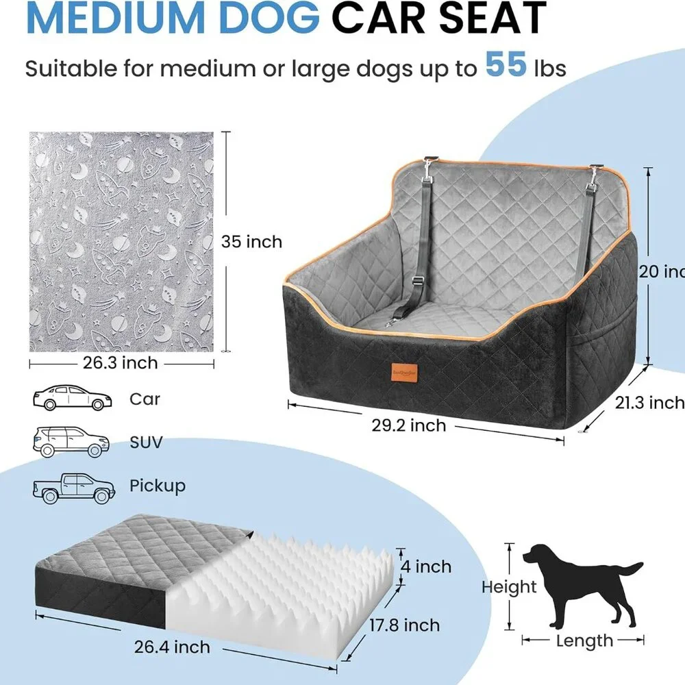 Dog Car Seat for Medium Dogs - Pet Car Seat with 2 Safety Straps